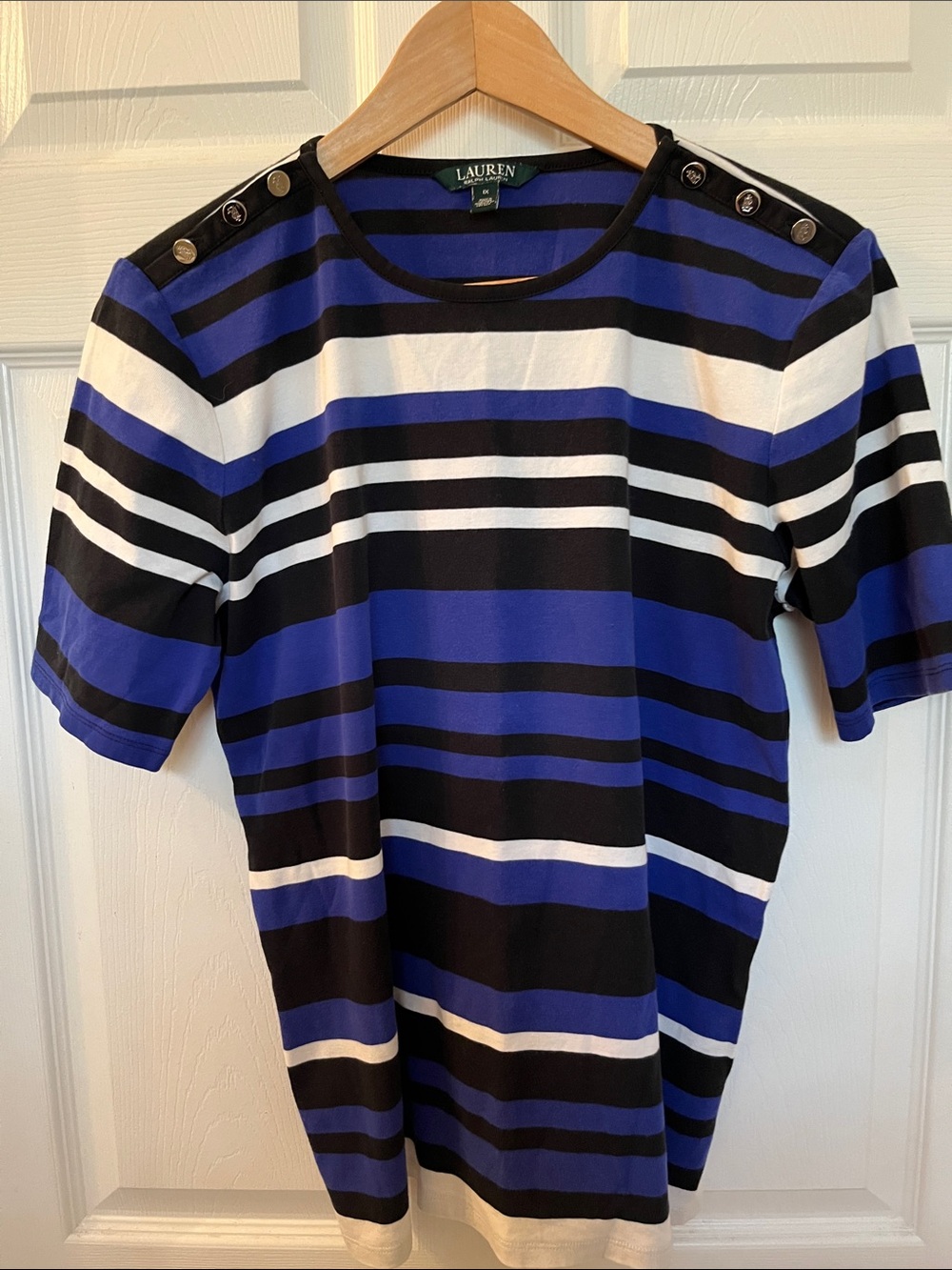 Lauren Ralph Lauren Black, Blue & White Striped Short Sleeve Top 1X